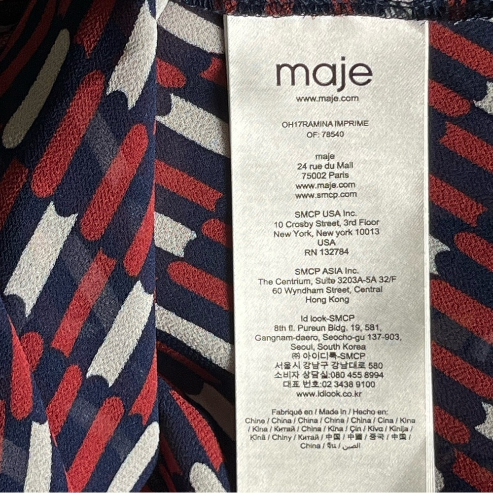 Maje Blue White Red Print Sheer Faux Wrap Raglan Sleeve Dress — 2 (Medium) - Picture 15 of 16